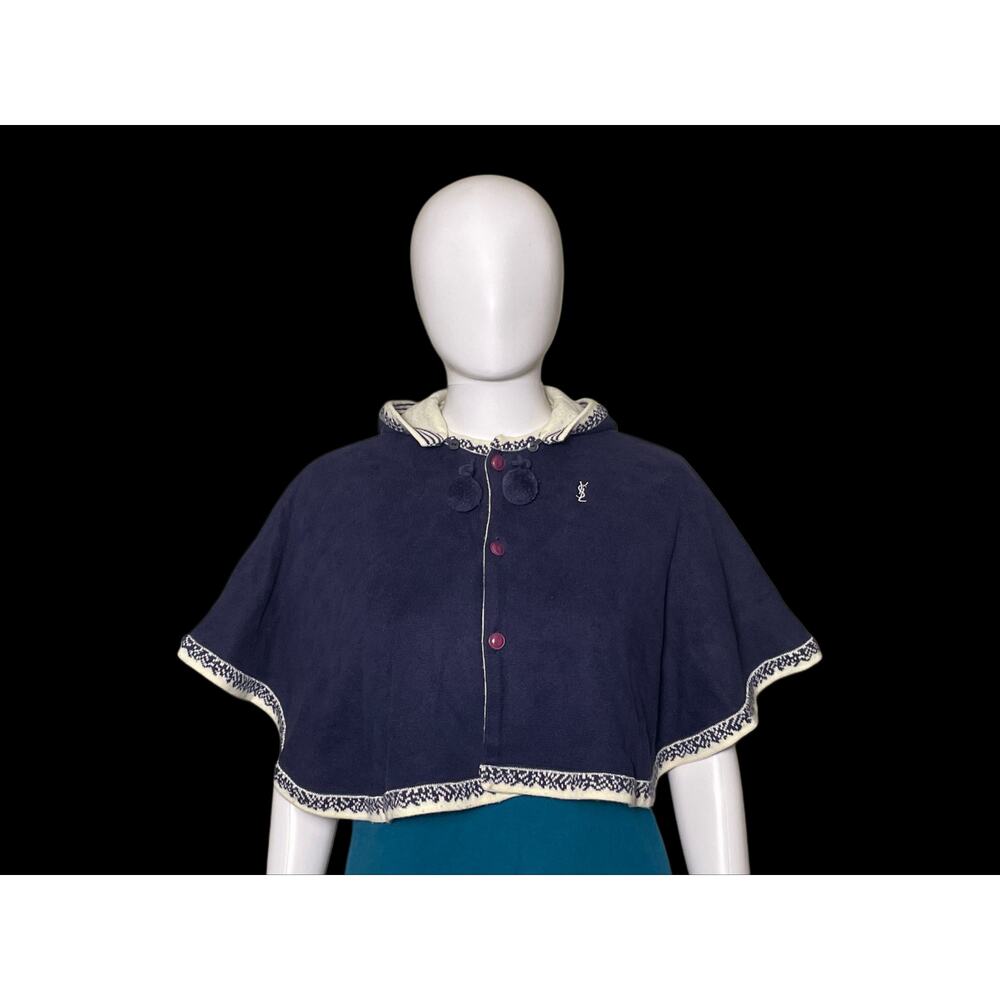 Authentic Yves Saint Laurent Blue/Cream Reversible Poncho Detachable Hoodie